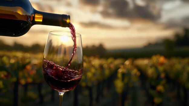 a bottle of red wine is being poured into a glass amidst lush vineyards during sunset the golden light enhances the beauty of the landscape creating a serene atmosphere photo